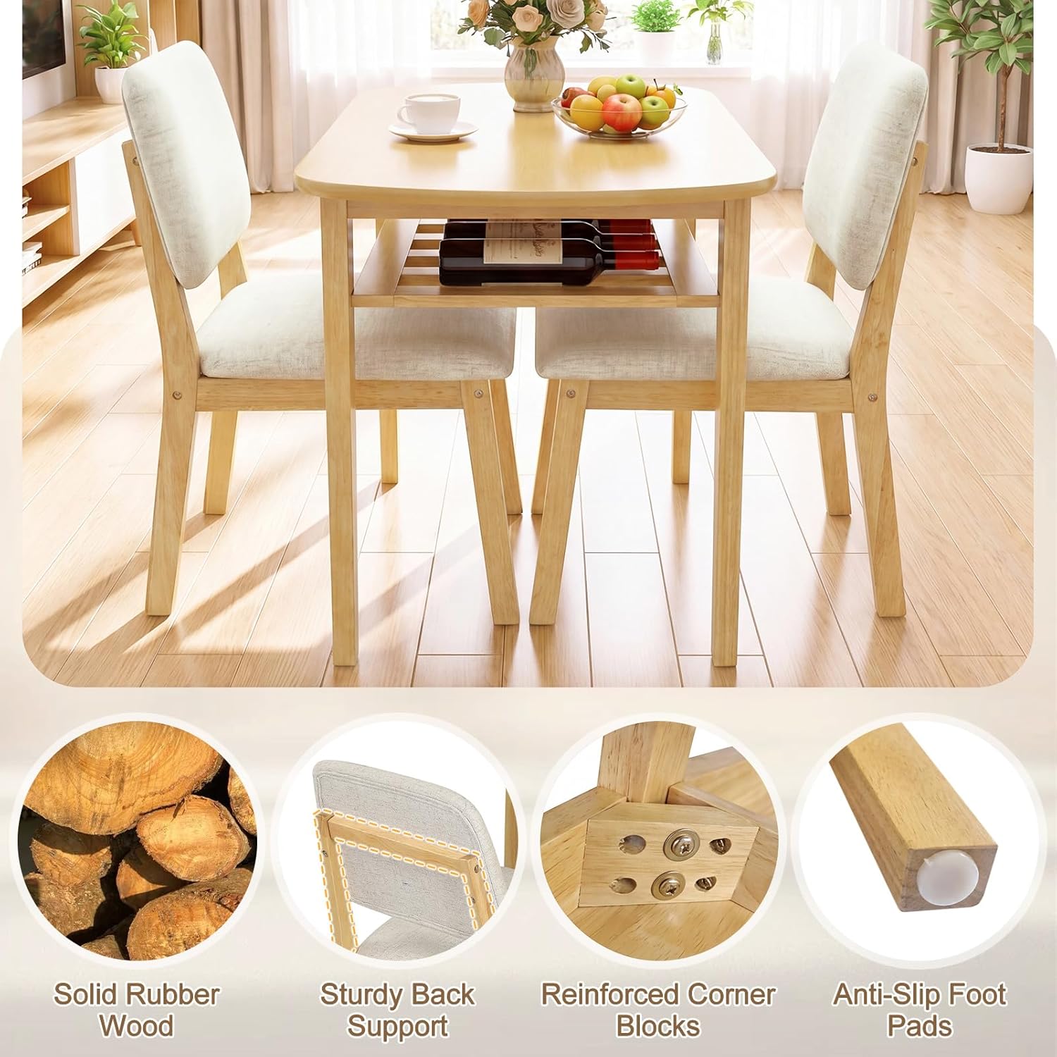 Giantex Dining Table Set for 2, Space Saving Kitchen Table and Chairs Set w/Rubber Wood Frame, Storage Rack, Padded Seats & Backrests, Dinette Set for Small Space, Apartment, Dining Room, Natural
