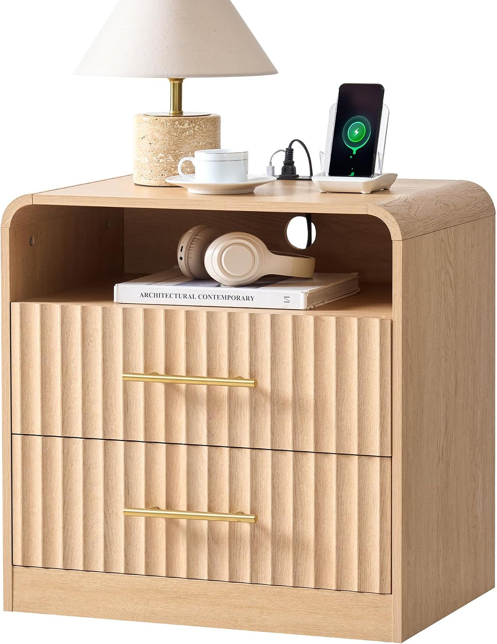 Fluted Nightstand with Charging Station, Bedside Table with 2 Drawers, Wood End Table with Storage Mid Century Modern, Large Night Stand for Bedroom (Natural Oak,1 Piece)