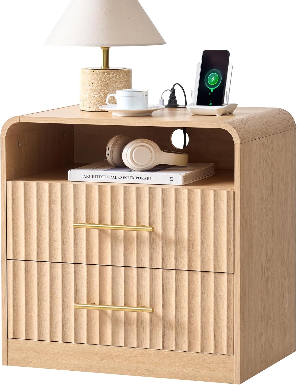 Fluted Nightstand with Charging Station, Bedside Table with 2 Drawers, Wood End Table with Storage Mid Century Modern, Large Night Stand for Bedroom (Natural Oak,1 Piece)