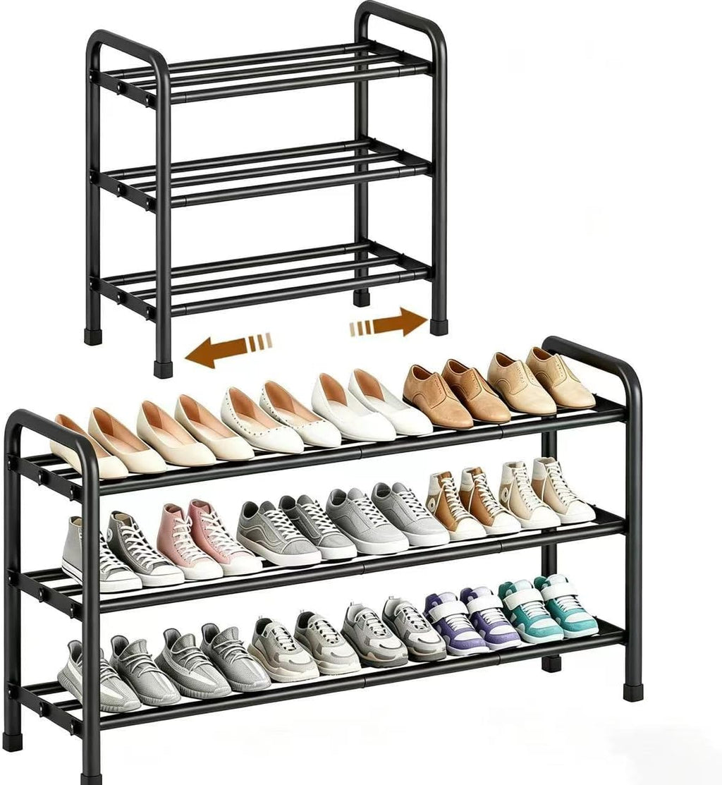 3-Tier Expandable Shoe Rack, 17"-41" Adjustable Shoe Shelf Storage Organizer, Heavy Duty Metal Free Standing Shoe Rack for Entryway Closet Doorway, Suitable for Families & Renters