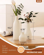 Decorative Flower Vase Set of 3 - Modern Boho Style White Vases, Ribbed Textures Ceramic Vase for Home Decor Shelf Bookshelf Mantle TV Stand Entryway Console, Dining Table Centerpiece Decor