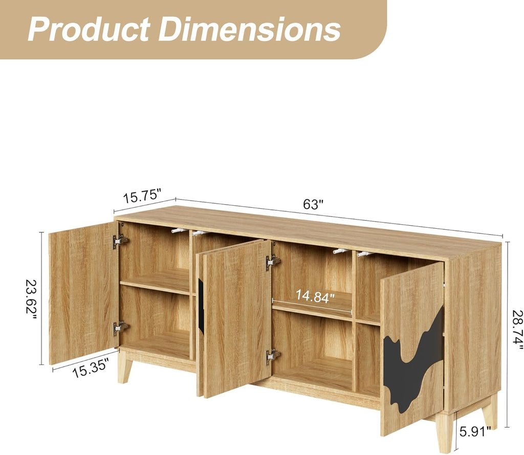 Natural Buffet Cabinet Sideboard with Storage 63'' Distinctive Coffee Bar with Flowing Water Patterns Kitchen Buffet with 4 Doors for Bedroom, Living Room (Natural and Black)