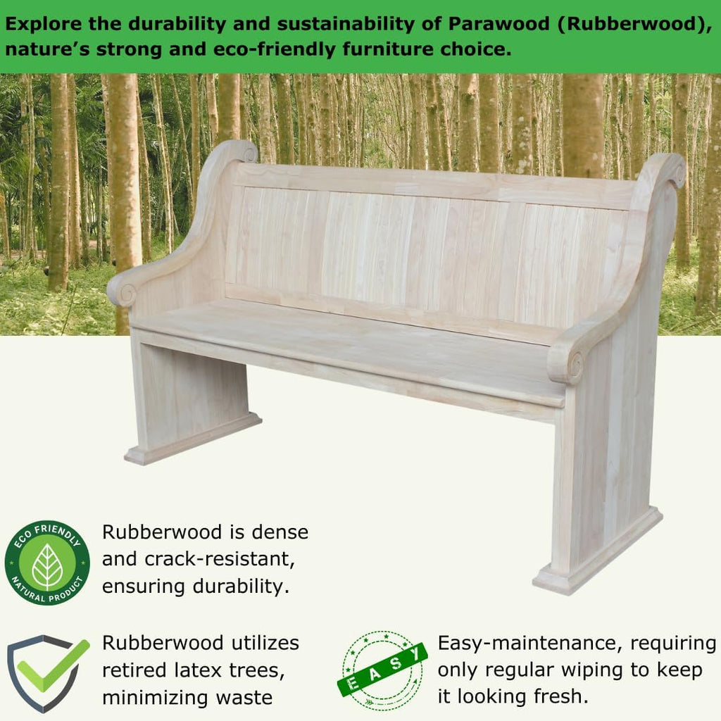 IC International Concepts, Sanctuary Bench, Solid Real Wood, Sturdy Parawood, Entryway/Dining/Living, Spacious Dimensions 58" W x 17.7" D x 18" H, 450 LBS Capacity, Paint/Stain Ready, Unfinished
