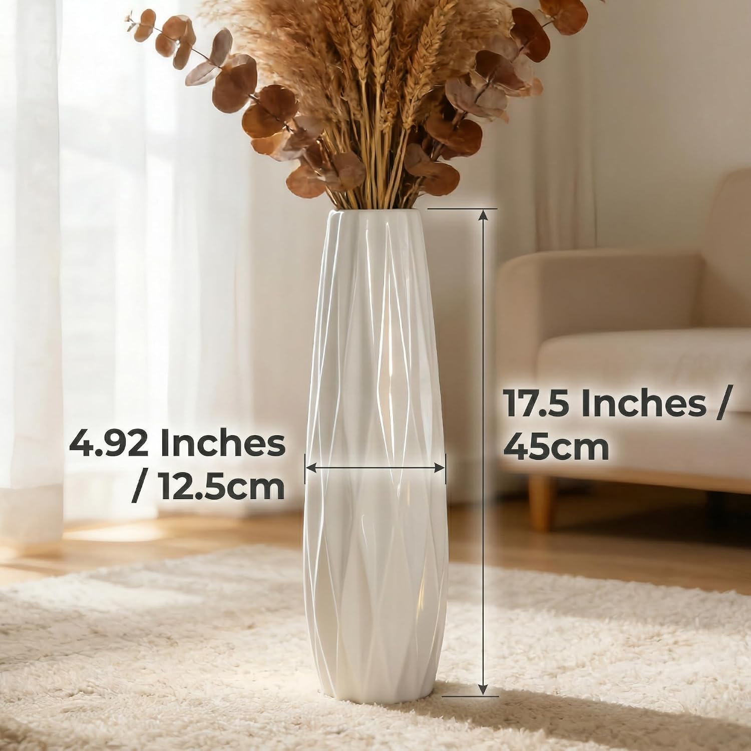 White Tall Ceramic Floor Vase, 17.7 Inch, Ribbed Design, Large Vase | Glossy Glazed Finish, Narrow Corners, Entryway, Bedroom, Compact Spaces