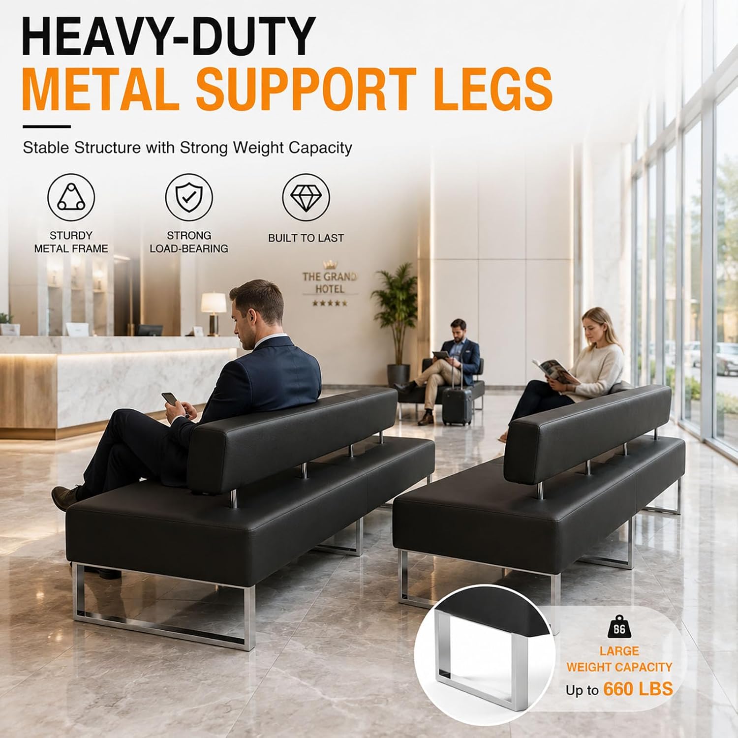 PU Leather Reception Bench Sofa, Modular Waiting Room Seating with Backrest, Commercial Lobby Couch for Hotel Bank Office Salon Training Center Lounge