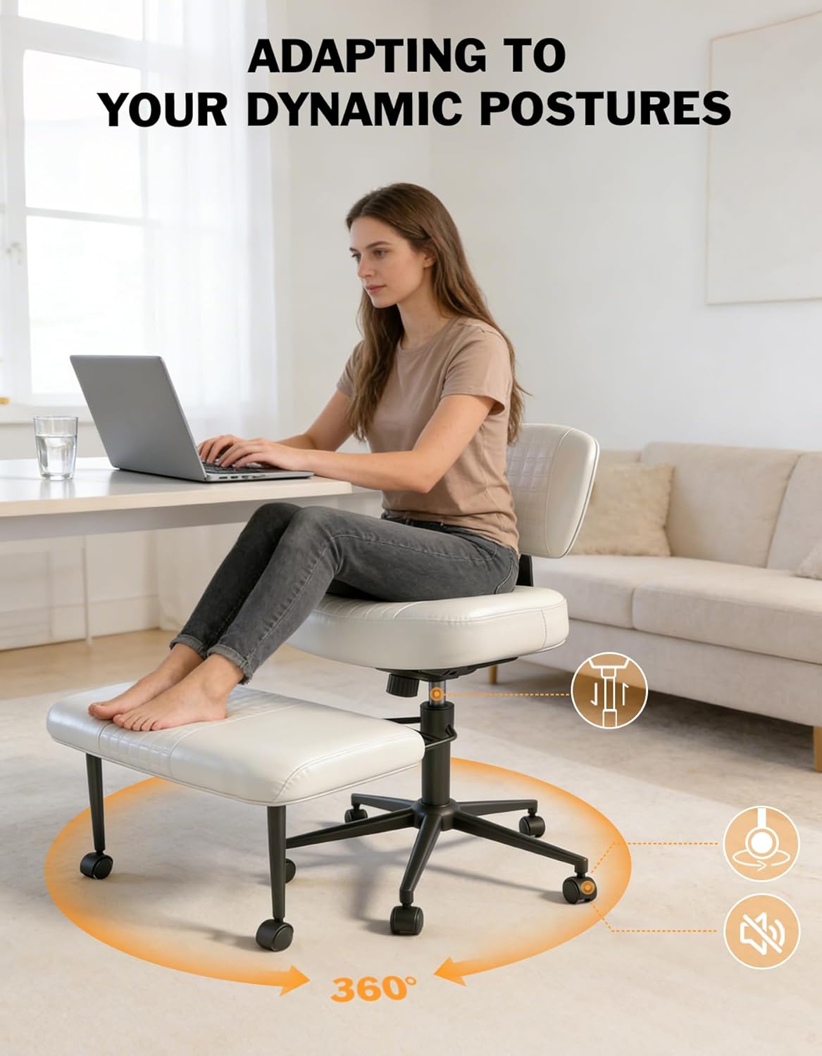 Ergonomic Cross Legged Office Chair with Wheels, Meditation Chair, Ultimate ADHD Desk Chair with Lumbar Support for Active Sitting, Modern Criss Cross Kneeling Chair for Home & Office PU&White