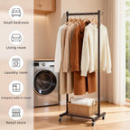 LiaMeE 63 Inch Tall Clothes Rack with Wheels, Heavy Duty Metal Garment Rack with Shoe Shelf, Rolling Clothing Rack Holds 110lbs, Small Space Wardrobe Rack for Bedroom Laundry, Black