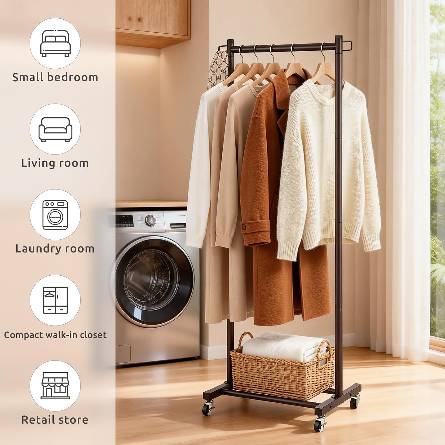 LiaMeE 63 Inch Tall Clothes Rack with Wheels, Heavy Duty Metal Garment Rack with Shoe Shelf, Rolling Clothing Rack Holds 110lbs, Small Space Wardrobe Rack for Bedroom Laundry, Black