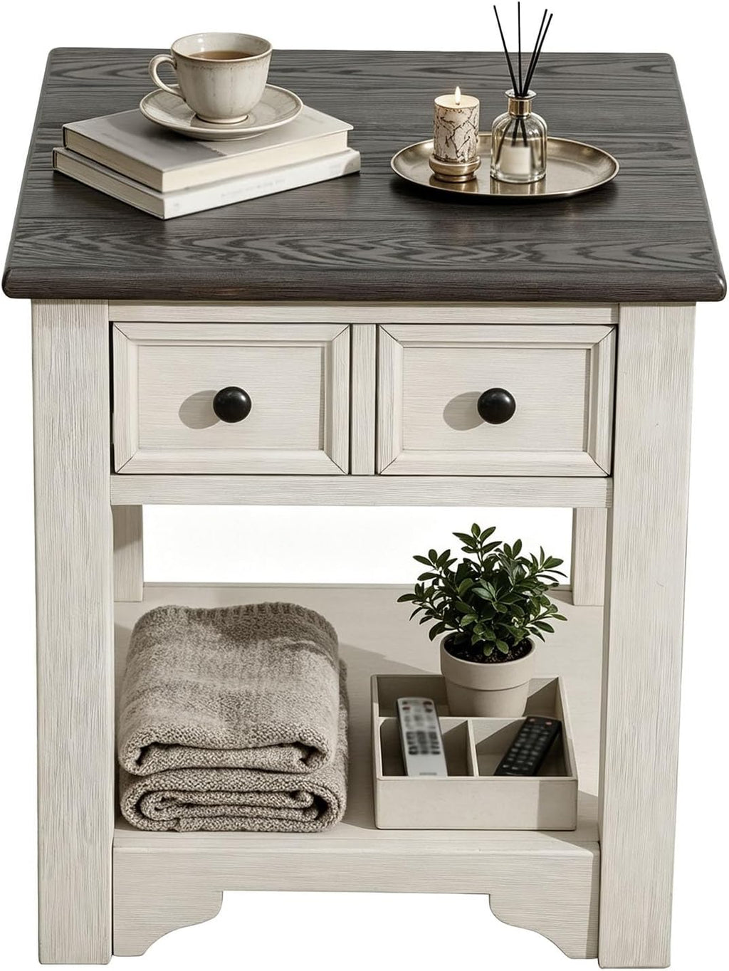 Farmhouse End Table with Drawers,Side Table with Storage,Wood Nightstand, Coffee Tables for Living Room,Entryway Table for Small Spaces,Small Side Table for Living Room, Bedroom, Kitchen