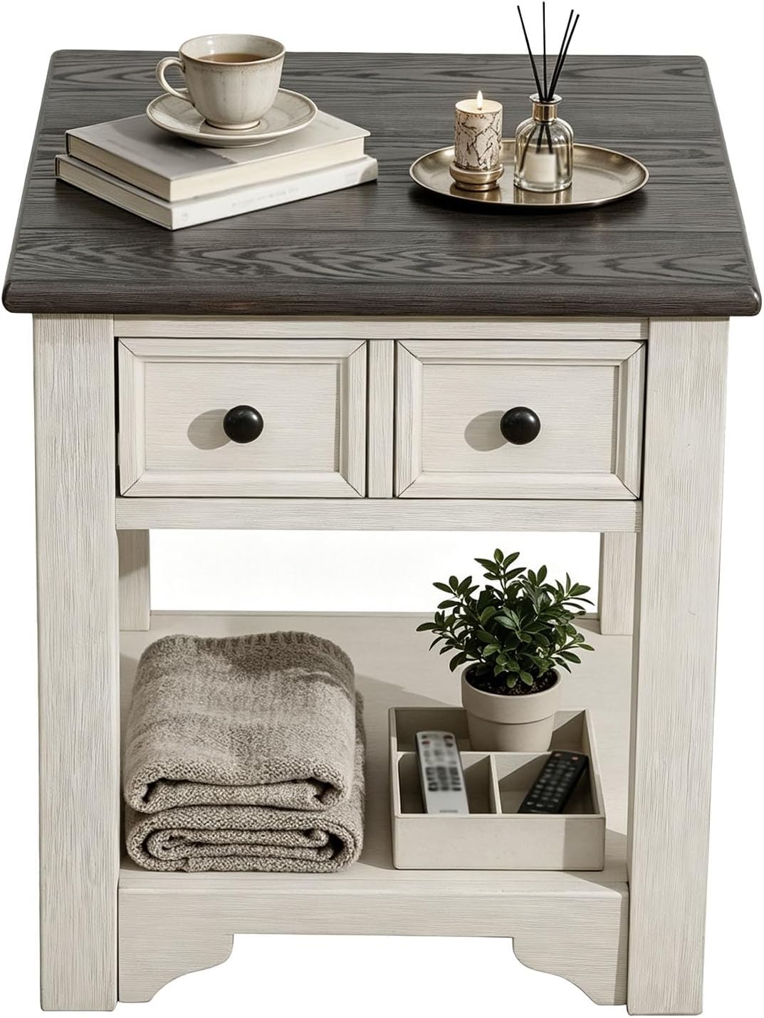 Farmhouse End Table with Drawers,Side Table with Storage,Wood Nightstand, Coffee Tables for Living Room,Entryway Table for Small Spaces,Small Side Table for Living Room, Bedroom, Kitchen