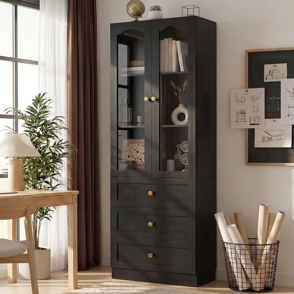 Cyclysio 80" Tall Pantry Cabinet for Kitchen Storage, Black Pantry Cabinet with Glass Doors & 3 Drawers - Freestanding Storage Bookcase with Built-in Baseboard Notch for Dining, Living Room