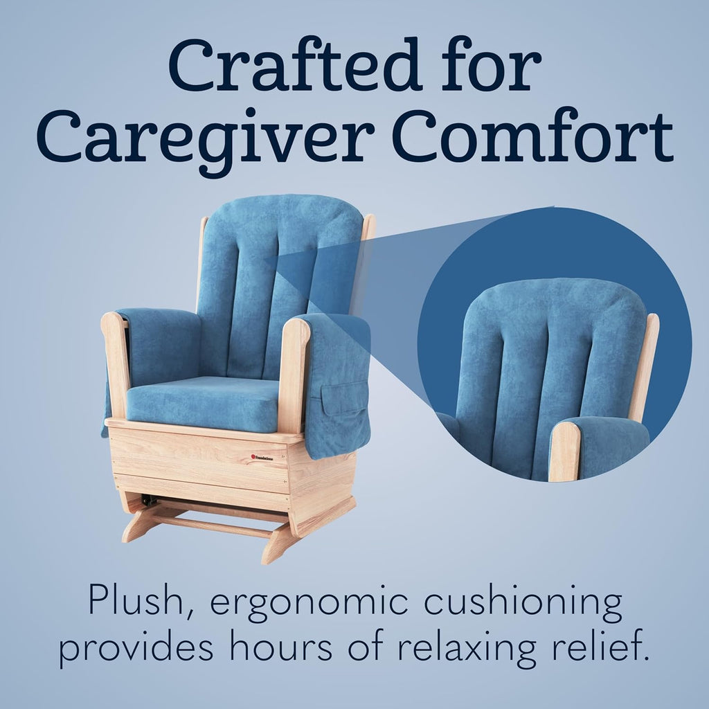 Foundations SafeRocker Standard Glider Rocker - Baby Feeding and Rocking Chair for Nursery, Daycare Environment - Nursery Rocking Chairs with Wood Skirt Base - Blue Microfiber