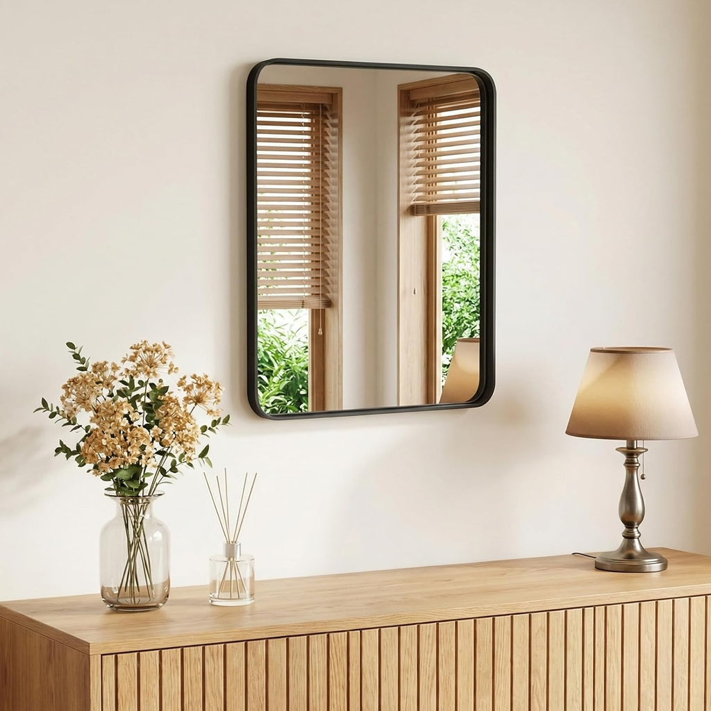 Sweetcrispy Bathroom Mirror 20x16 Inch Metal Framed Rounded Rectangle Vanity Mirror for Wall, Over Sink, Farmhouse, Restroom, Anti-Rust, Modern Decorative, Horizontal or Vertical Hanging, Black