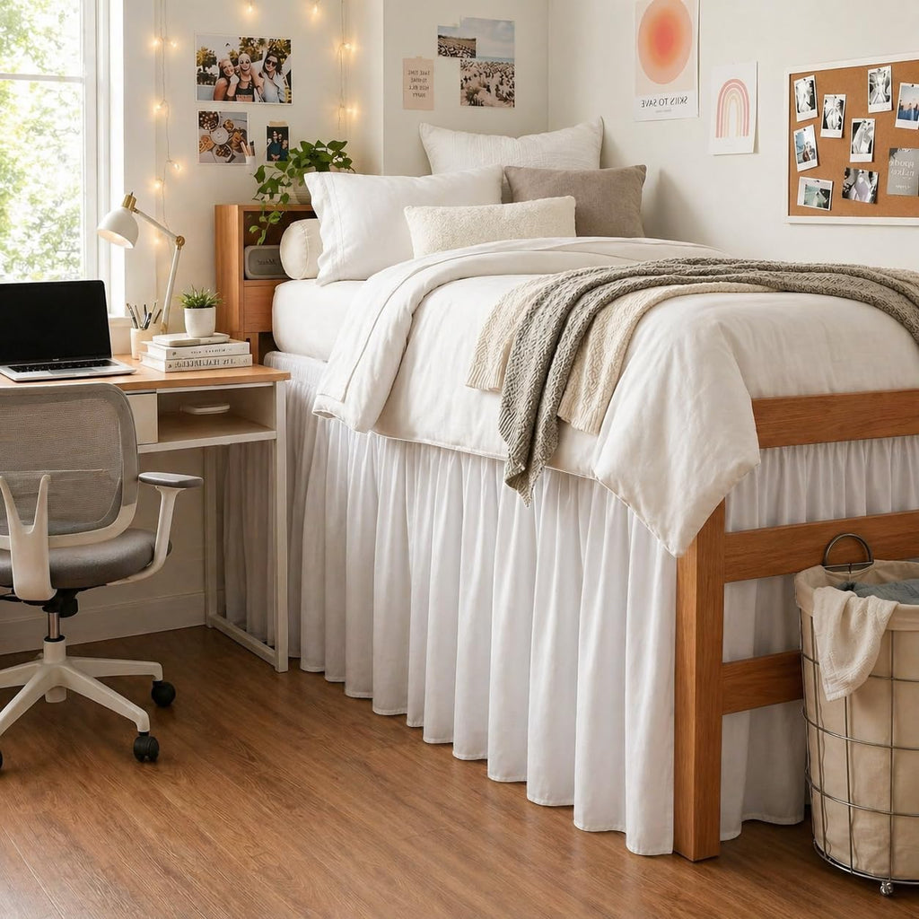Dorm Bed Skirt Twin XL 36 Inch Drop White, Elastic Easy Fit Dust Ruffle Bedskirt with Split Corners, 100% Microfiber Extra Long Dorm Bedding, College Bed Skirt