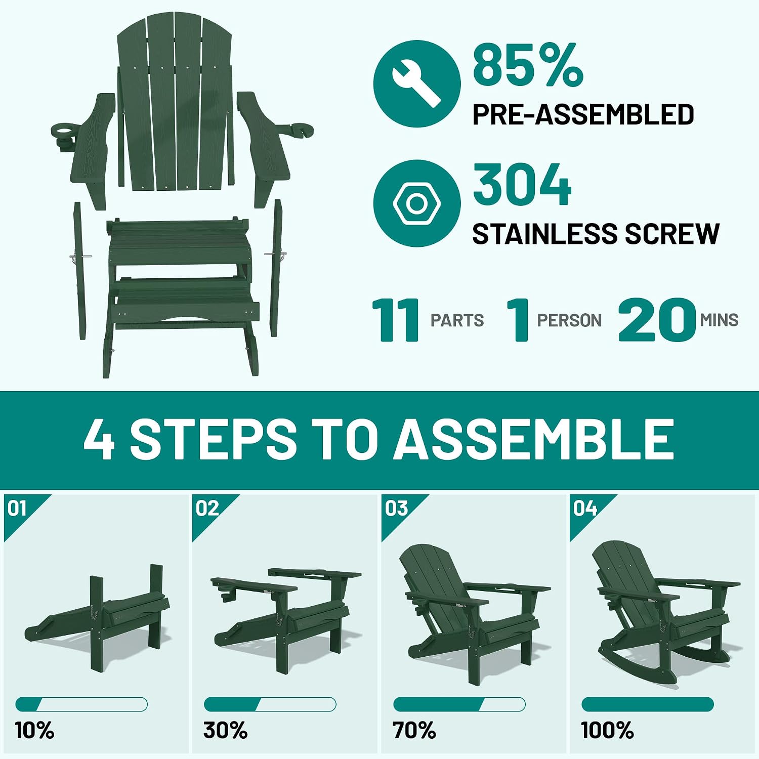 PLUUV Folding Adjustable Adirondack Rocking Chair with Retractable Ottoman and Cup Holders, Weather Resistance Outdoor HDPE Adirondack Rocker Patio Chair, Wood-Like Reclining Adirondack Chair, Green