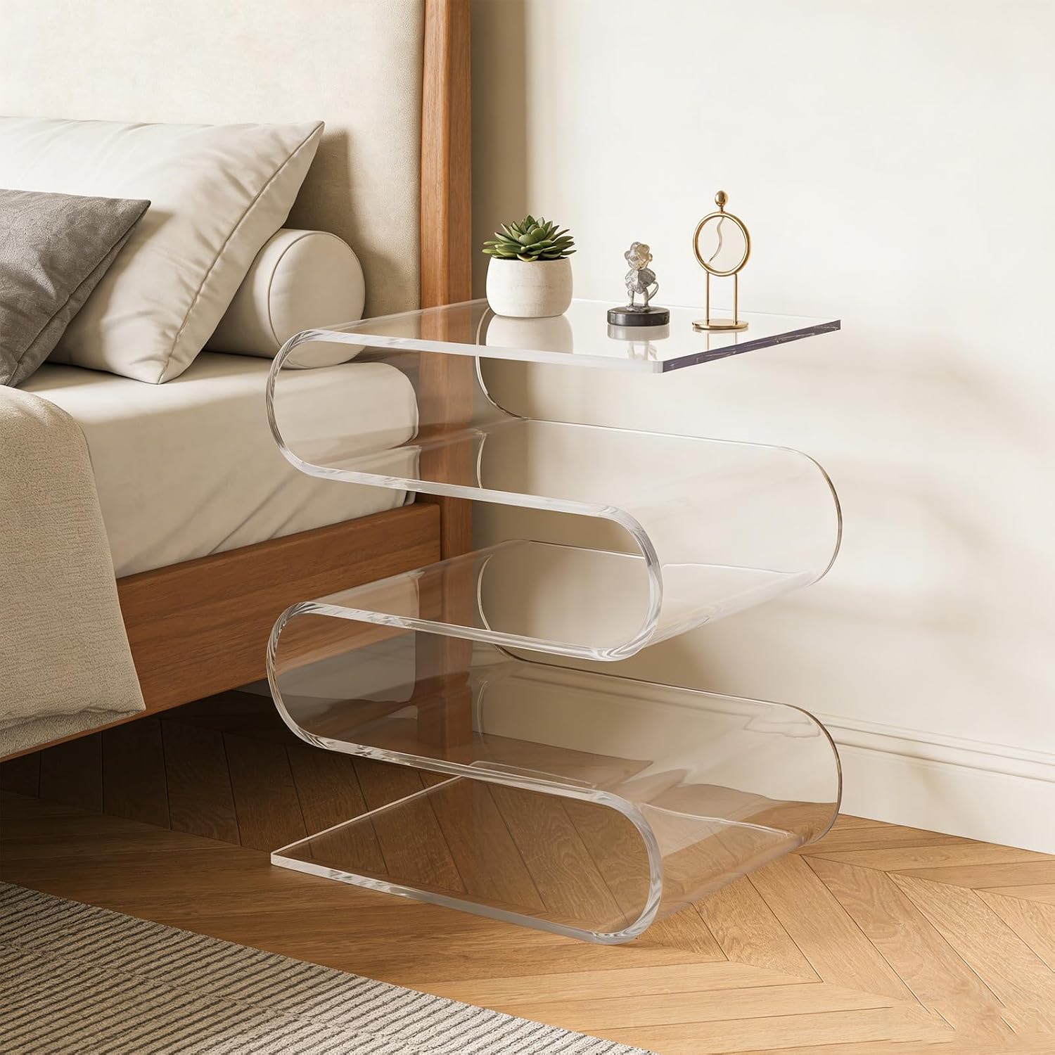 Acrylic Side Table S Shaped Multi 5 Tier Display Shelf Magazine Holder Bookshelf Organizer Vertical Nightstand End Table Coffee Table for Living Room Bedroom Office Patio (Clear)