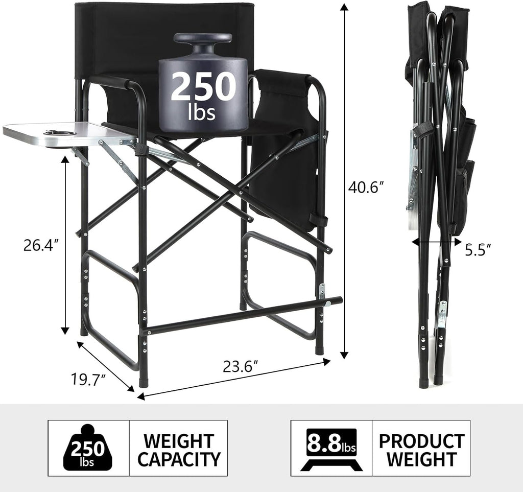 Aluminum Tall Directors Chairs Foldable, 41'' Makeup Chair for Makeup Artist with Side Table Cup Holder Storage Bag and Footrest, Weighs Only 8.8lb, 250lbs Capacity