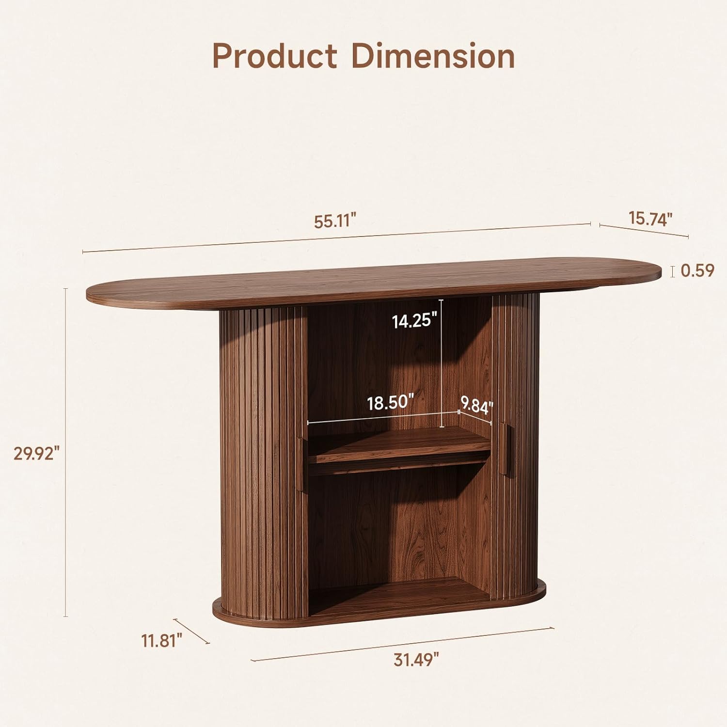 55 Inch Console Table with Storage, Fluted Entryway Tables with Sliding Doors, Sofa Table Behind The Couch, Hallway Tables, Mid-Century Modern Foyer Table for Entryway, Hallway, Living Room, Walnut
