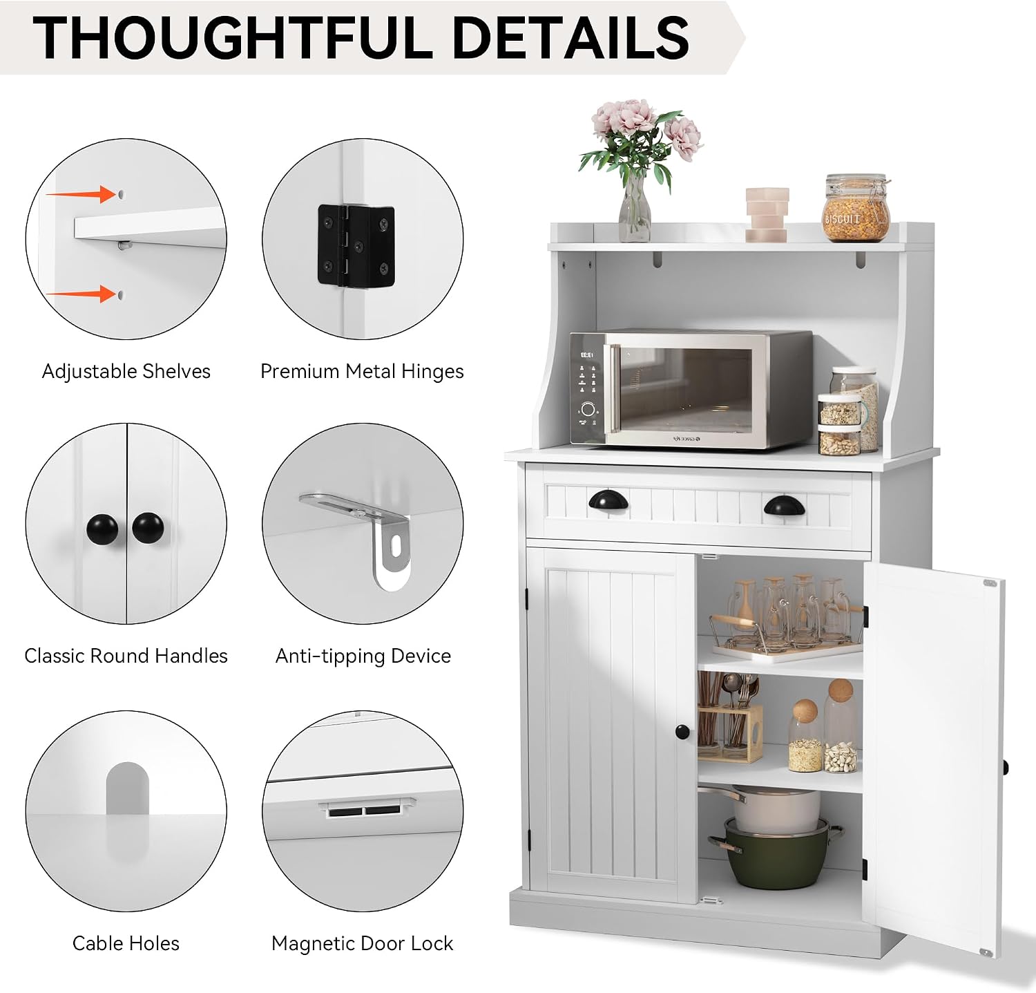 ARTPOWER 54" Kitchen Microwave Cabinet/Stand with Storage and Drawers, Pantry Storage Cabinet with Hutch & Adjustable Shelves for Kitchen, Dining Room, Living Room, Hallway in White
