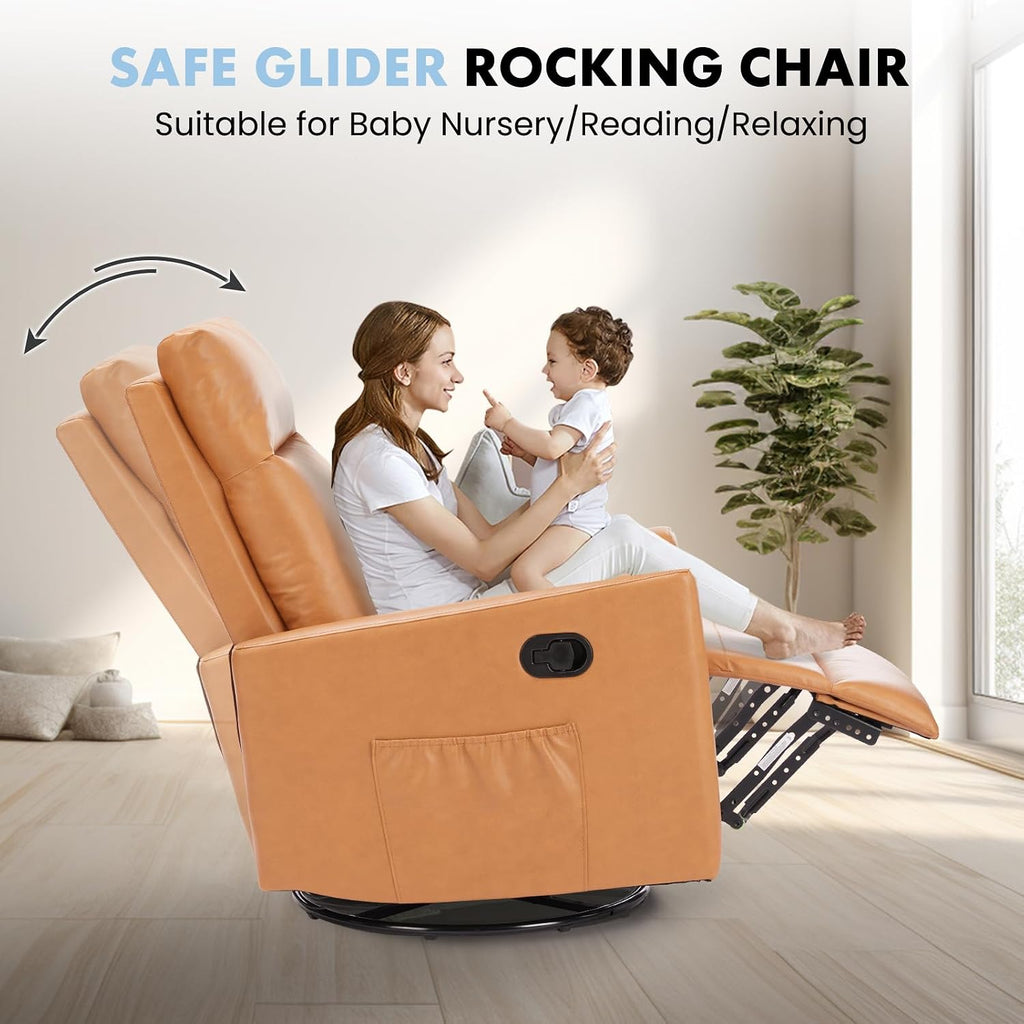 Swivel Rocker Recliner Chair, 360 Degree Glider with High Backrest & Padded Armrests, Manual Rocking Recliner for Nursery, Living Room, Bedroom, Small Spaces, Brown-v