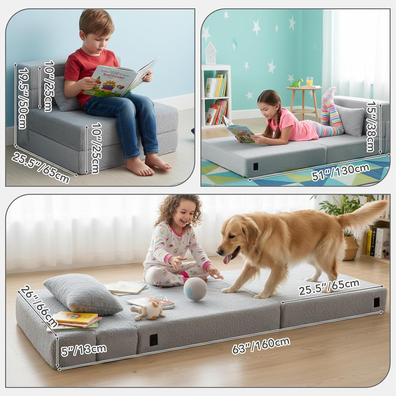 Tiita Kids Floor Mattress for Toddler, Child Fold Up Sofa Couch Convertible Futon Folding Chair with Storage Bag for Kids, Plush Grey
