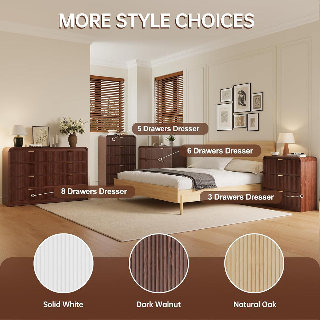 FURSUN 32" Tall Fluted Nightstand Set of 2, 3 Drawers Wooden End Table w/Storage, Curved Profile Design, Modern Bedside Table for Bedroom, Dark Walnut