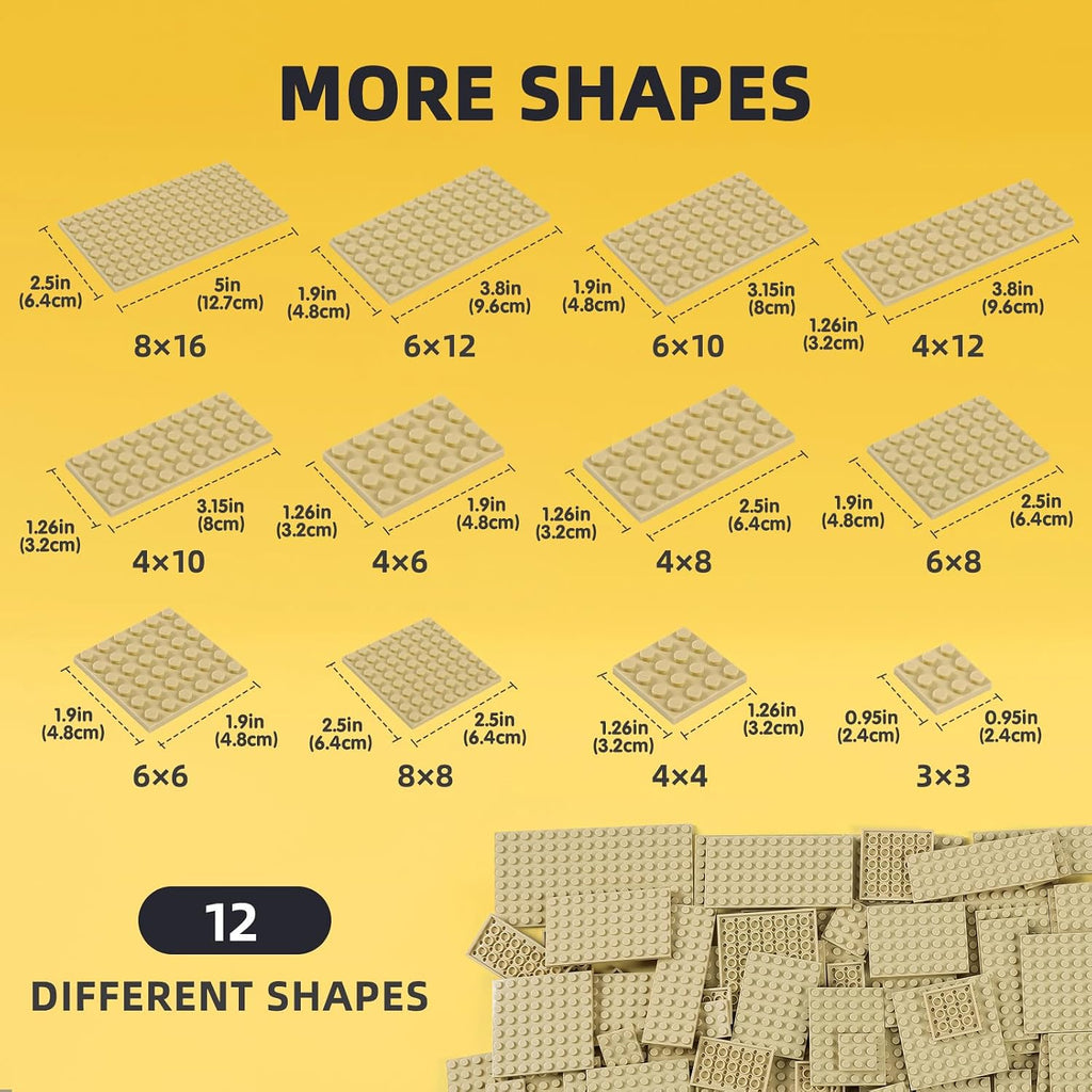 150 Pieces Small Base Plate Sets, Classic Flat Pieces for Moc Building, 12 Size DIY Building Boards - Compatible with Lego and All Major Brands, Tan