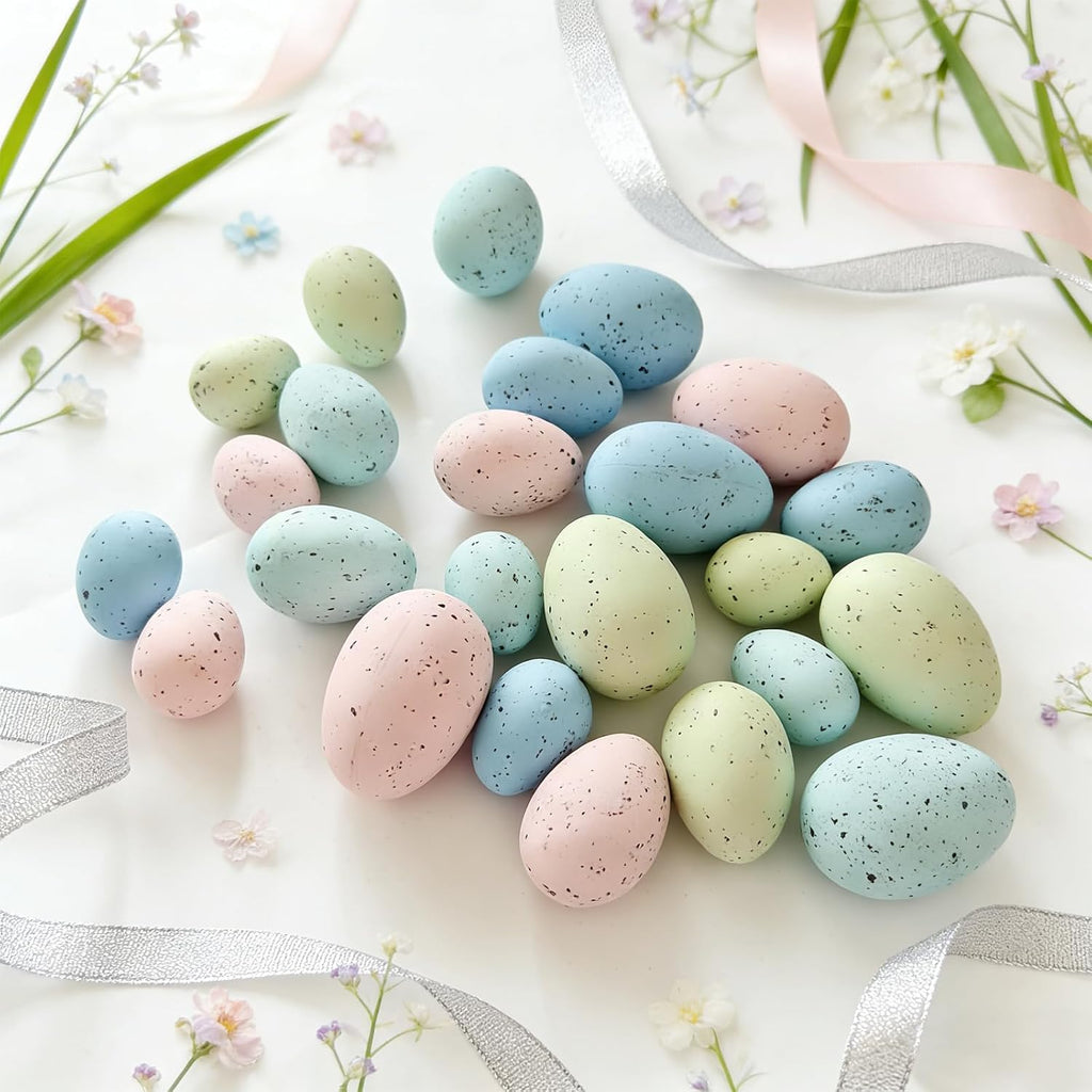 24Pcs Easter Speckled Eggs - Assorted Sizes Faux Pastel Chicken Eggs for Vase & Bowl Filler, DIY Easter Spring Home Party Favors and Wedding Table Decorations