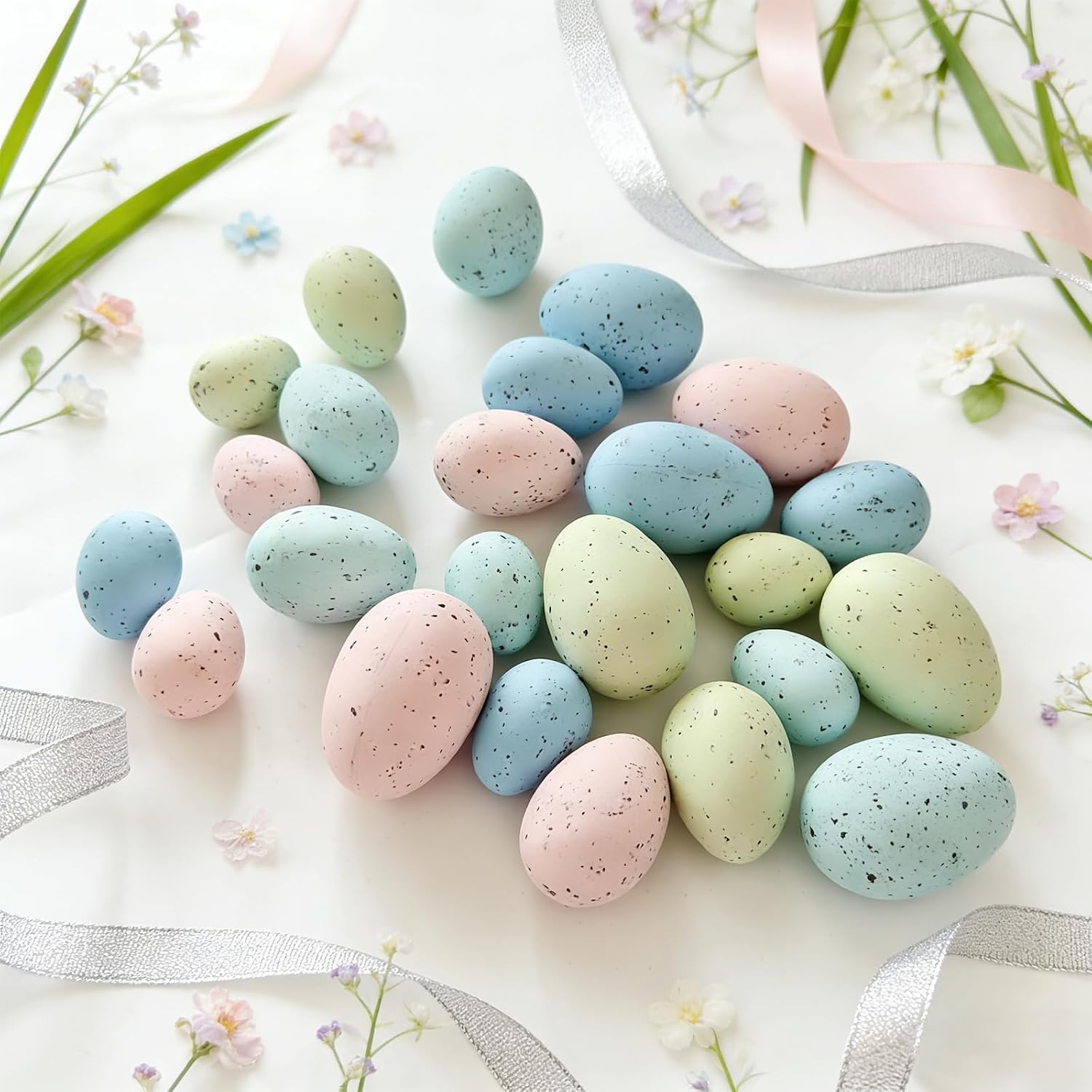 24Pcs Easter Speckled Eggs - Assorted Sizes Faux Pastel Chicken Eggs for Vase & Bowl Filler, DIY Easter Spring Home Party Favors and Wedding Table Decorations