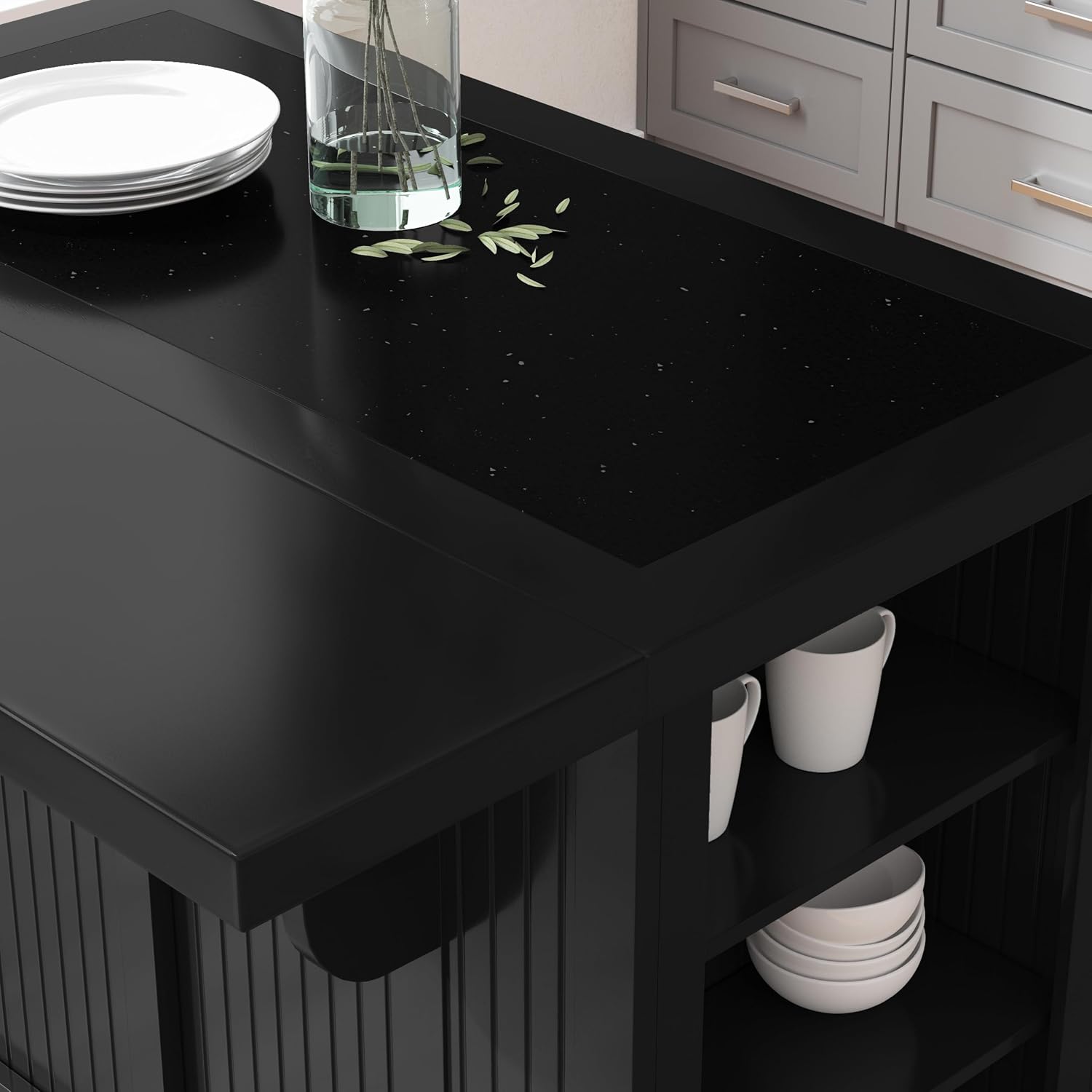 Homestyles Nantucket Distressed Black Kitchen Island with Black Granite and Wood Drop Leaf Breakfast Bar, 48"W