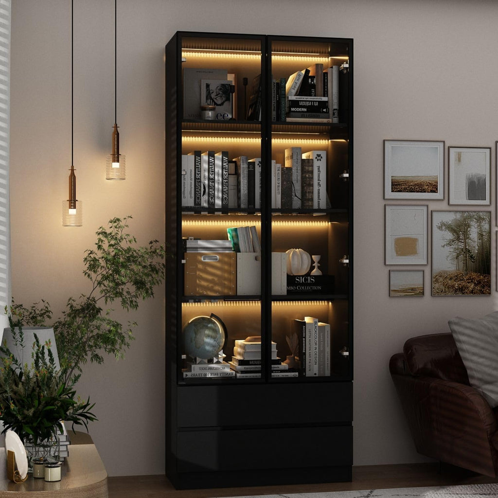 Modern LED Display Cabinet with 2 Storage Drawers, 4-Tier Aluminum Frame Tempered Glass Showcase, Push-to-Open Design, for Collectibles, Black 31.5" W x 14.2" D x 78.7" H