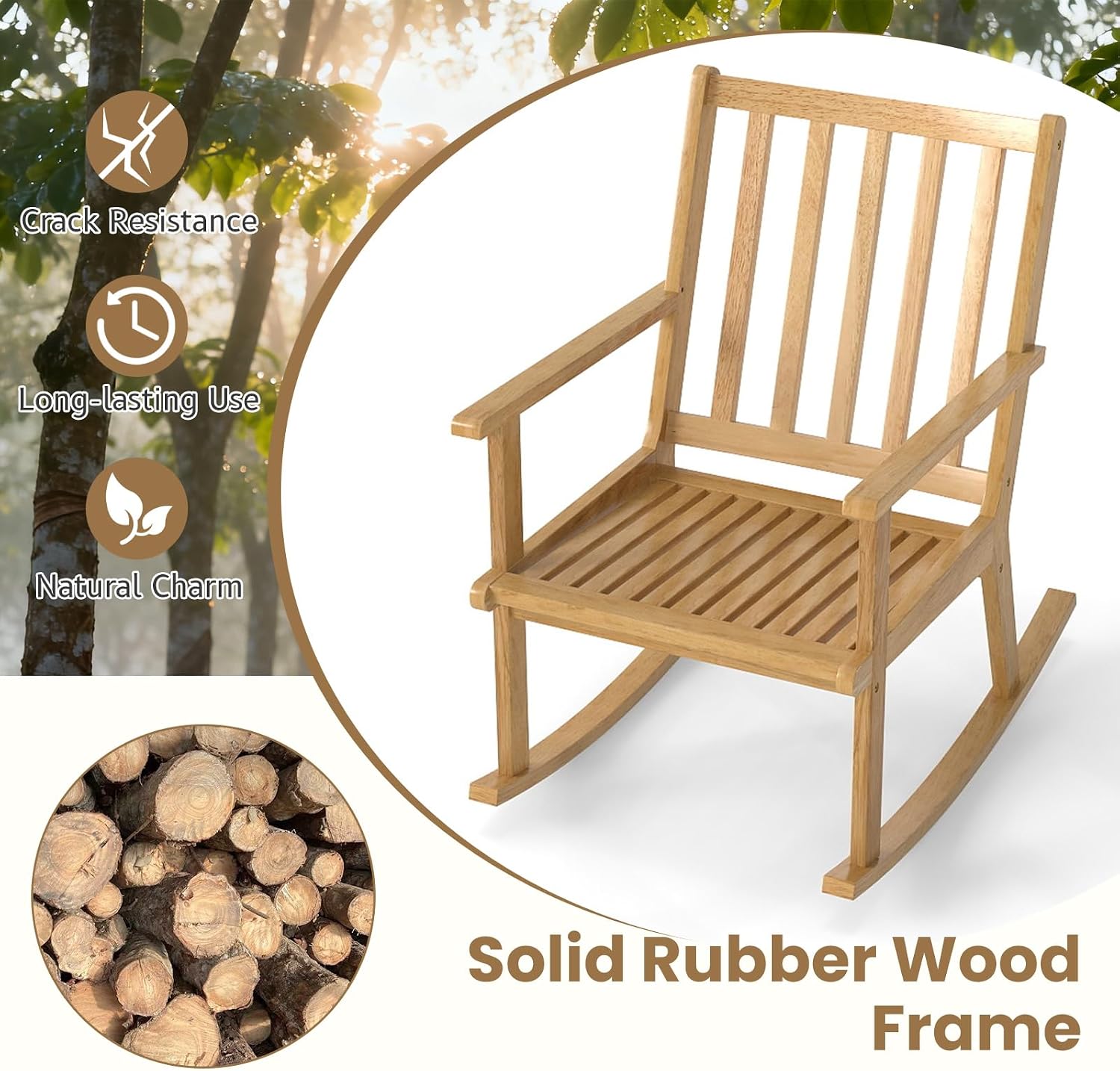 Giantex Rocking Chair with Cushion, Solid Rubber Wood Rocker w/Slatted High Back & Padded Seat, Indoor Rustic Accent Armchair for Living Room, Bedroom, Study, Nursery, Patio, Natural (1)