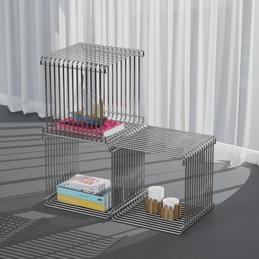 Chrome Side Table, Metal Stainless Steel Side Table with Mirror Finish for Living Room Bedroom, Small Space-Saving Nightstand with Storage Shelf, Square Accent Table for Couch Office