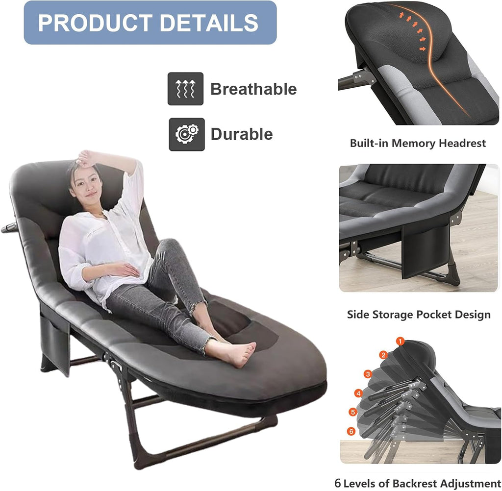 Folding Lounge Chairs for Outside, Portable Camping Cot, 6-Position Chaise Lounge Chairs with Side Pocket and Mattress, Heavy Duty Chaise Lounges for Outdoor Patio Balcony Beach (Black)