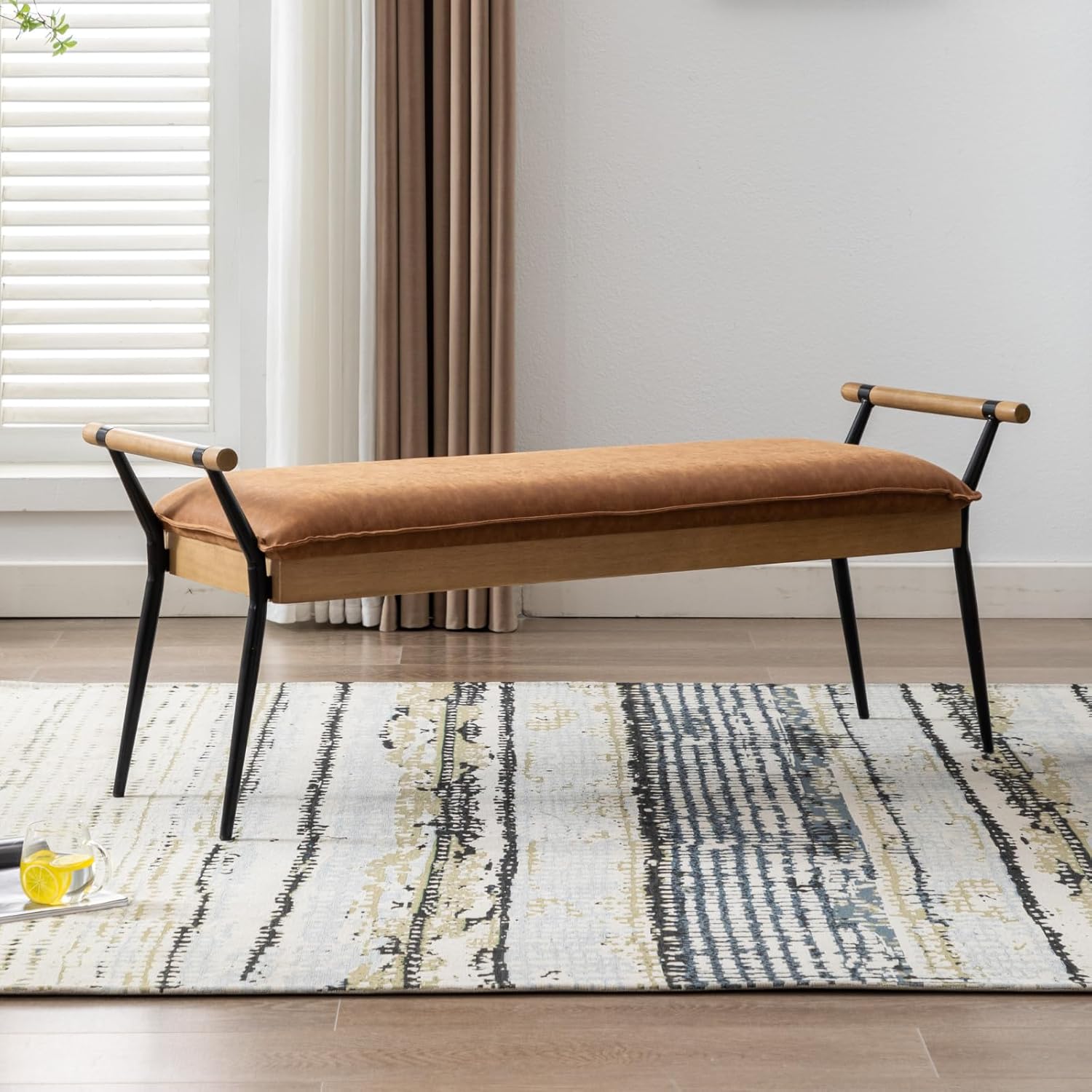 HEAH-YO Modern Dining Bench, 51 Inches Entryway Bench with Armrests, Upholstered PU Leather End of Bench for Bedroom, Brown