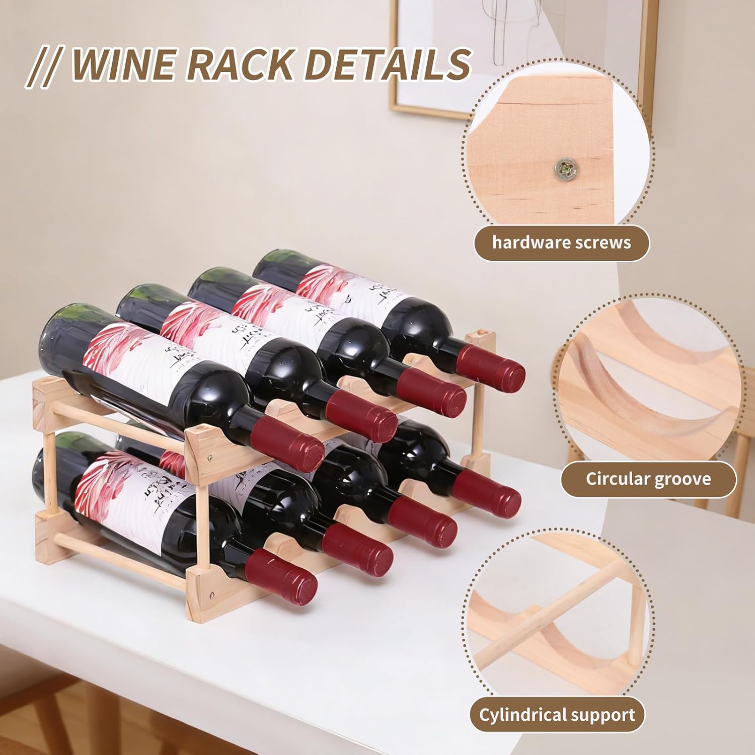 Wooden Wine Rack, countertop Wine Rack, 8-Bottle Stackable Wine Storage Rack, DIY Assembled Wine Holder, Used in Kitchens, countertops, etc (2 Layers with 8 Bottles)