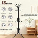Metal Coat Rack, Freestanding Coat Tree & Hall Tree with 15 Hooks, Sturdy Coat Rack Stand and Hat Rack, Coat Hanger for Entryway, Bedroom, Office for Jackets, Hats, Bags,Black
