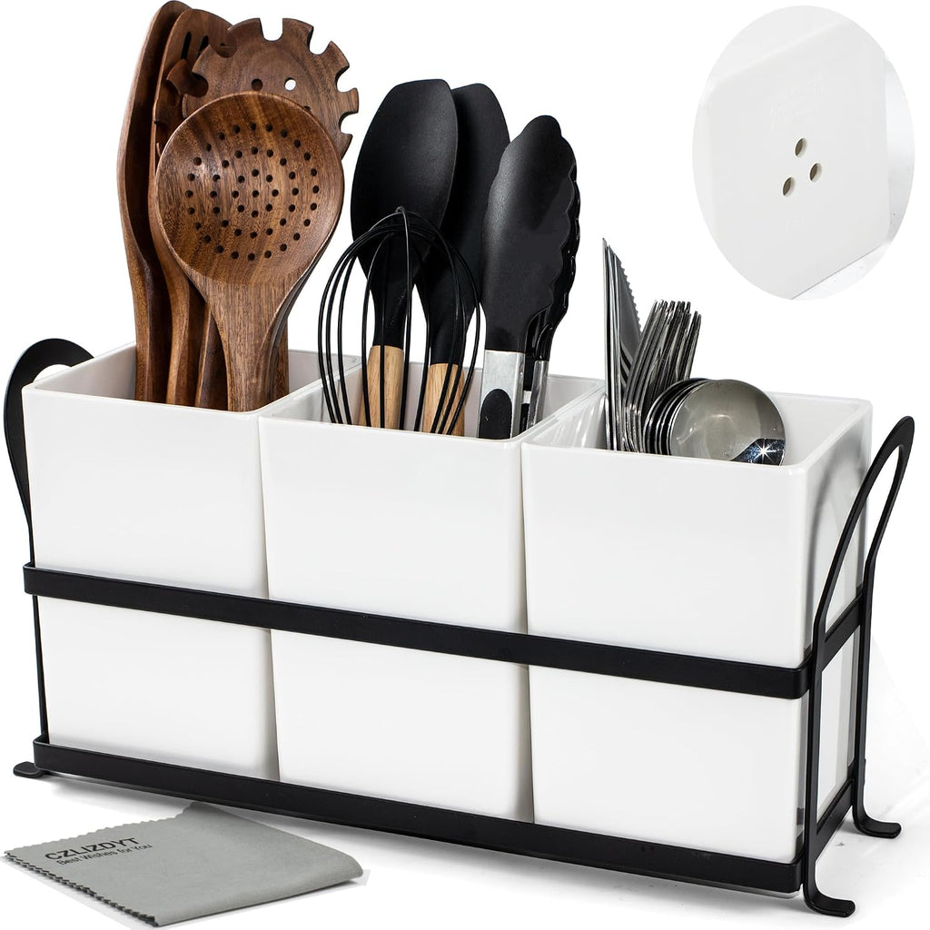 Czlizdyt Large Kitchen Utensil Holder, Drainage Utensil Caddy for Countertop, 3pcs Bins Set Cooking Utensil Organizer for Spoons, Spatulas, White