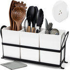 Czlizdyt Large Kitchen Utensil Holder, Drainage Utensil Caddy for Countertop, 3pcs Bins Set Cooking Utensil Organizer for Spoons, Spatulas, White