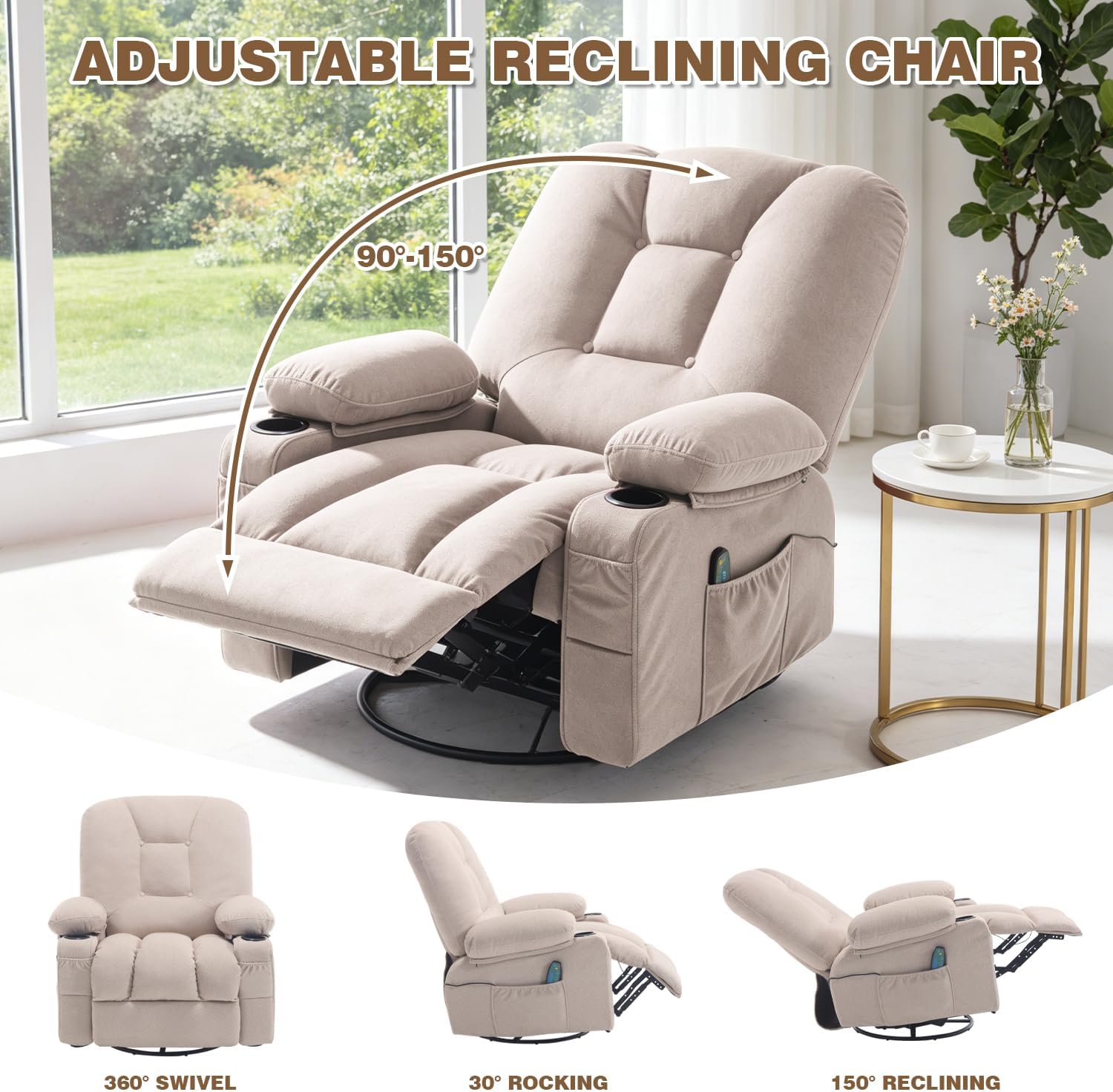 Rocker Recliner Chair with Massage and Heat, Oversized Rocking Nursery Recliners Overstuffed Swivel Glider with Cup Holder, Fabric Manual Single Sofa for Living Room, Beige