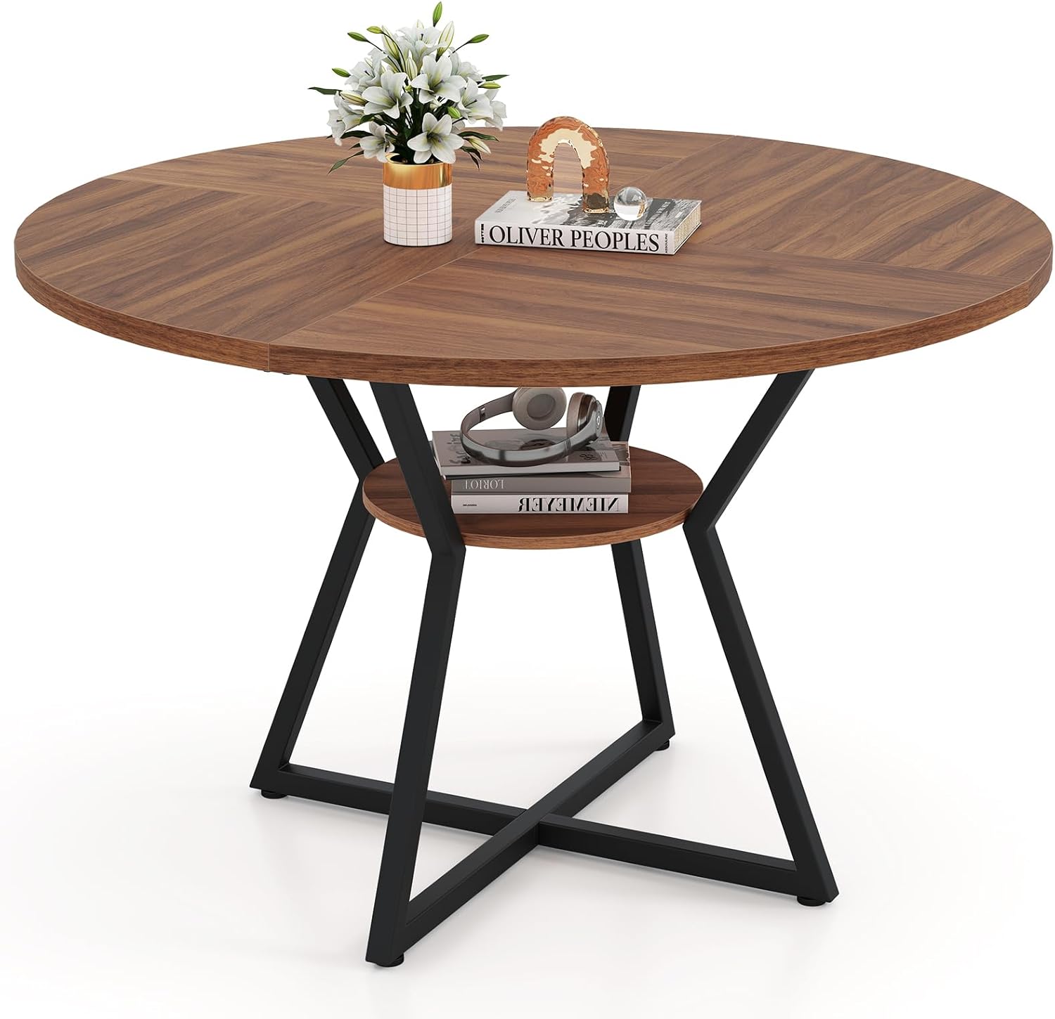 Giantex 47-inches Round Dining Table for 4, Kitchen Table with Storage Shelf, Wood Grain Tabletop, X-Shaped Metal Base, Adjustable Foot Pads, Circle Dinner Tables for Dinette, Living Room