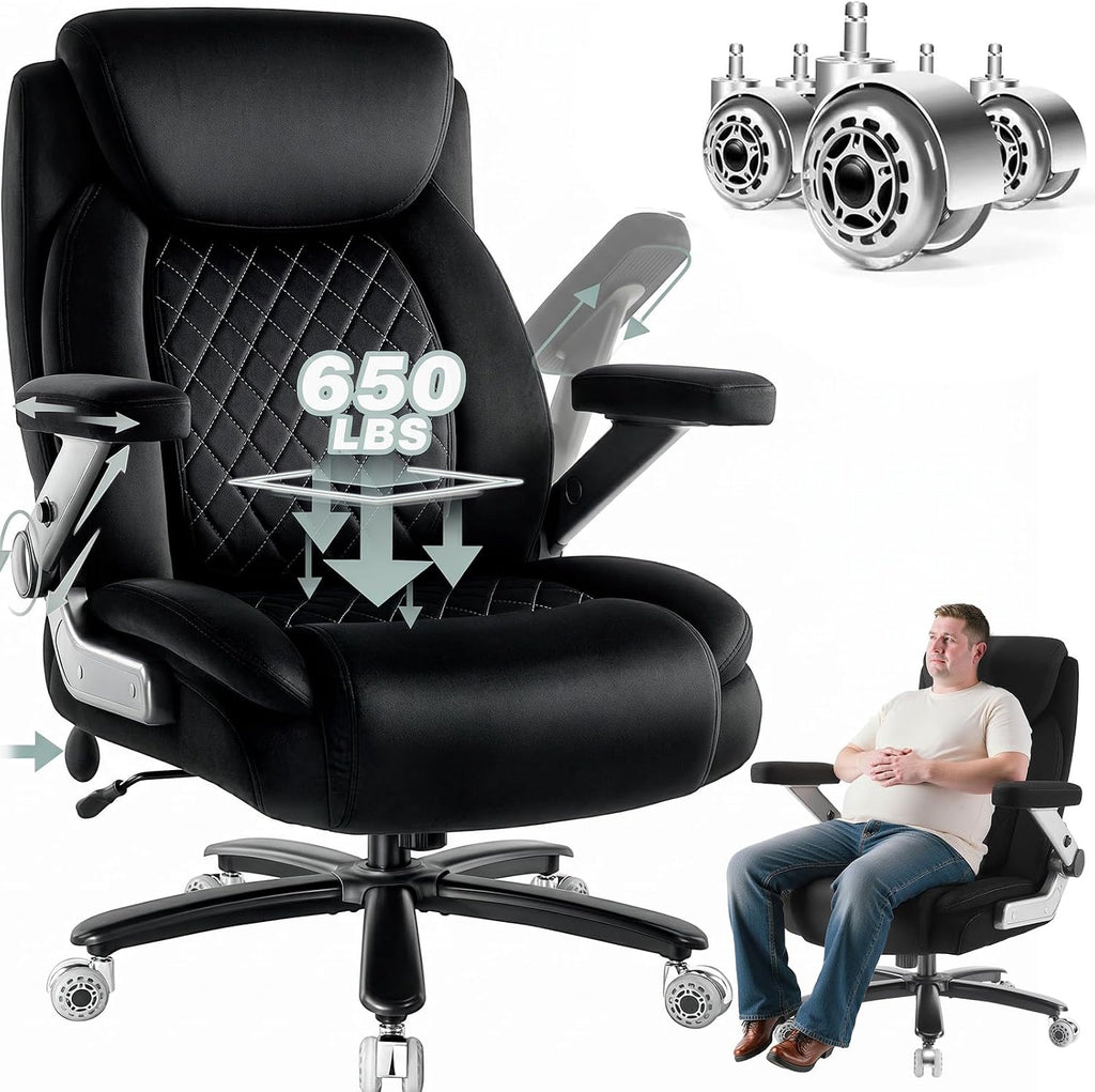 650LBS Big and Tall Office Chair with 5D Flip Arms and Thick Pocket Spring Cushion, Extra Wide Heavy Duty Office Chair & Adjustable Lumbar Support, Large High Back Computer Chair Dual Rubber Wheel