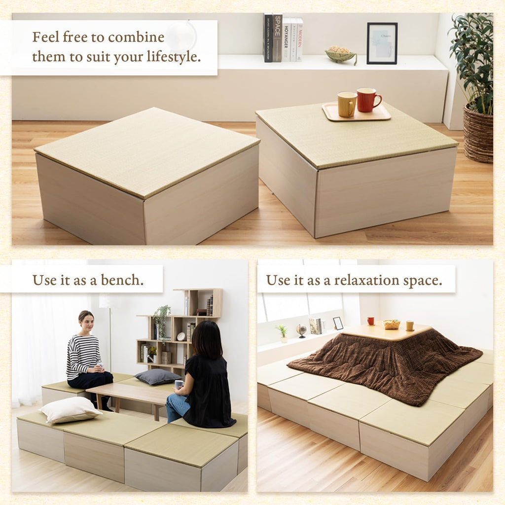 BJDesign Square Tatami Bench and Raised Platform Unit | Japanese Style Igusa Rush Grass Top | Wood Grain White, 24x24x11.6in | Easy Assembly, Durable | 3 Set