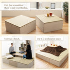 BJDesign Square Tatami Bench and Raised Platform Unit | Japanese Style Igusa Rush Grass Top | Wood Grain White, 24x24x11.6in | Easy Assembly, Durable | 3 Set