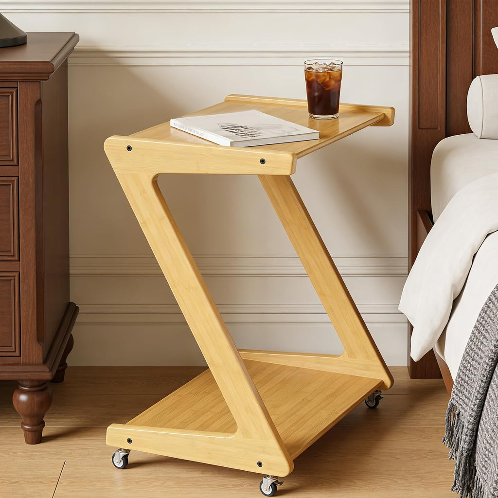 Bamboo Rolling Side Table with Wheels, Z Shaped Wooden Tv Tray Table for Living Room and Sofa Couch, Movable Dinner Laptop Coffee Snack Tray
