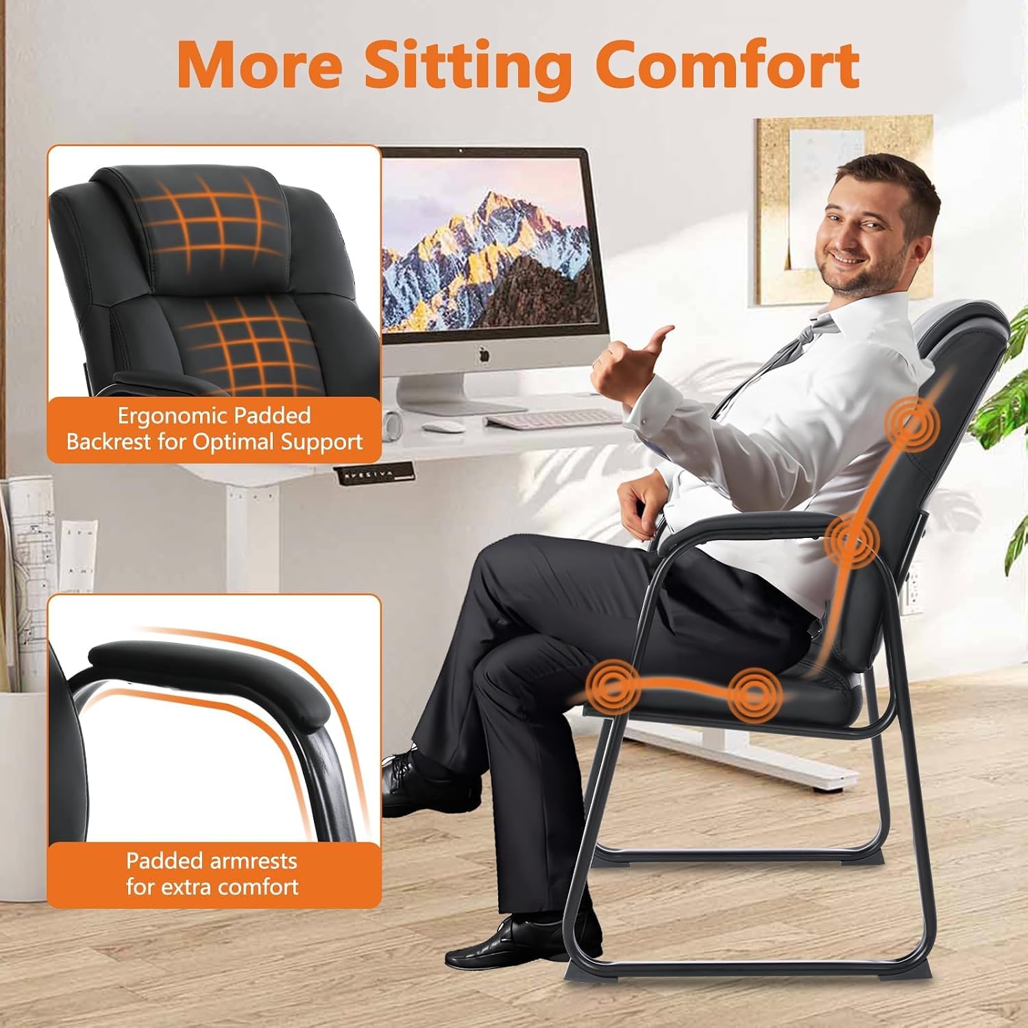 CLATINA Big and Tall Office Chair Set of 8 500lbs Leather Reception Chair with Bonded Padded Armrest Wide Seat Sled Base Desk Chair No Wheels for Reception Conference Waiting Room Side Office, Black