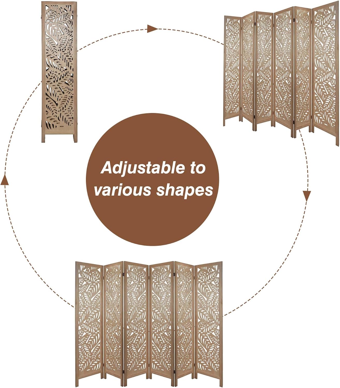 6 Panel Leaf-Carved Room Divider, 67 Inch Bohemian Folding Privacy Screen, Natural Wood Room Divider for Room Separation, Decorative Room Partition for Home, Office, Bedroom
