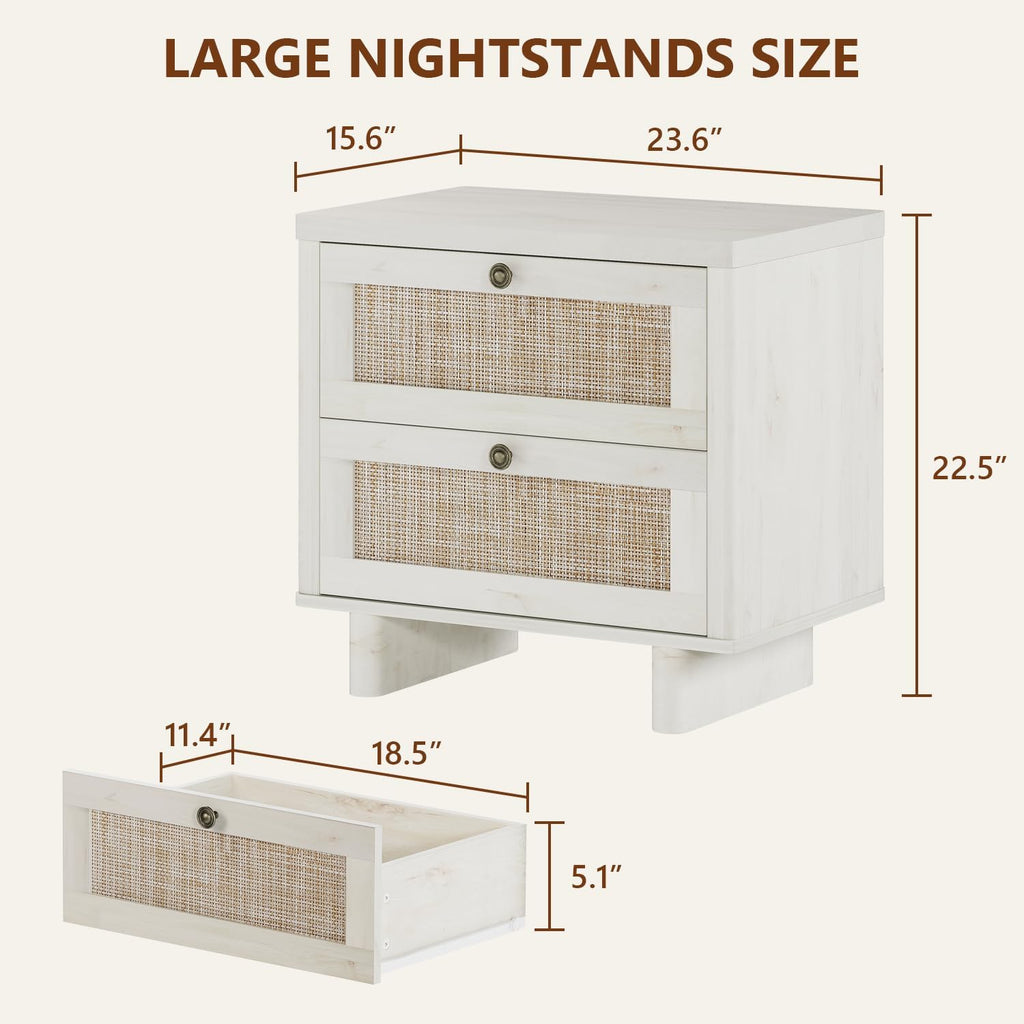LAZZO White Nightstands Set of 2 with Rattan Drawers, Modern Bedside Table | 23.6 inch Night Stand with Large Storage Space for Bedroom Living Room Office, White Oak Texture, 4 Vintage Brass Handles