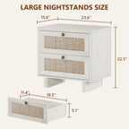 LAZZO White Nightstands Set of 2 with Rattan Drawers, Modern Bedside Table | 23.6 inch Night Stand with Large Storage Space for Bedroom Living Room Office, White Oak Texture, 4 Vintage Brass Handles