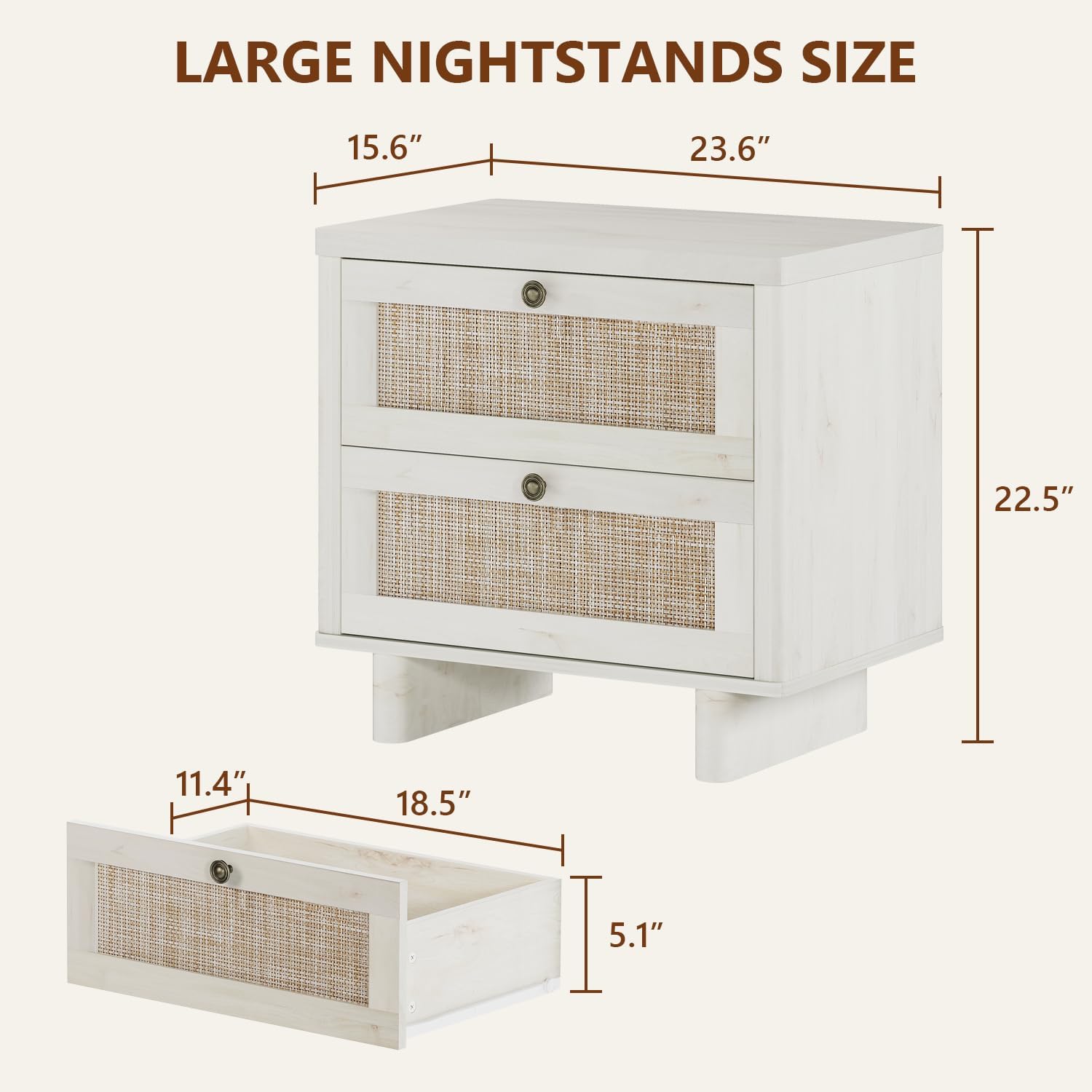 LAZZO White Nightstands Set of 2 with Rattan Drawers, Modern Bedside Table | 23.6 inch Night Stand with Large Storage Space for Bedroom Living Room Office, White Oak Texture, 4 Vintage Brass Handles